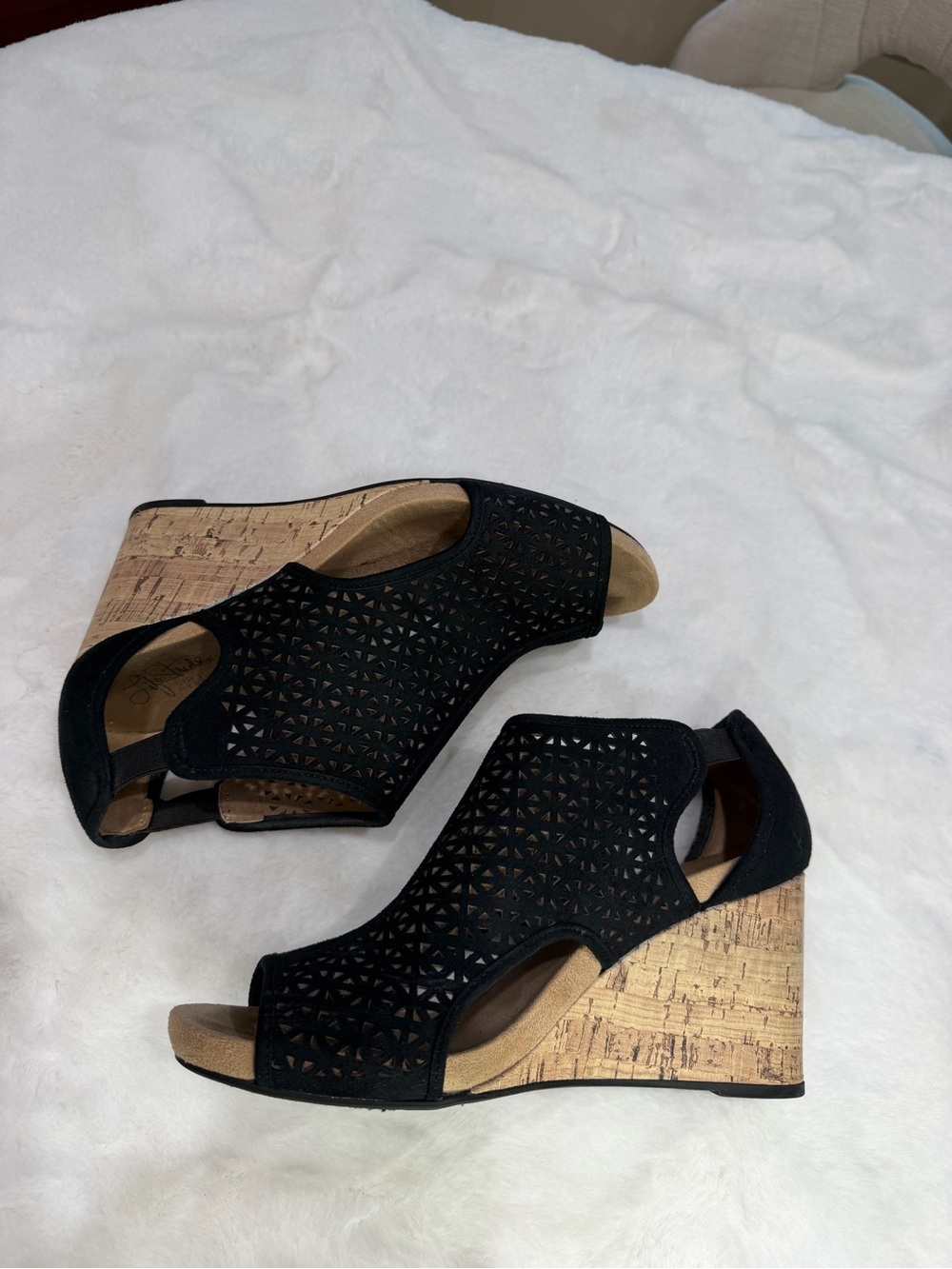 Life Stride Black Cutout Cork Wedge Sandals - Women Size 9.5